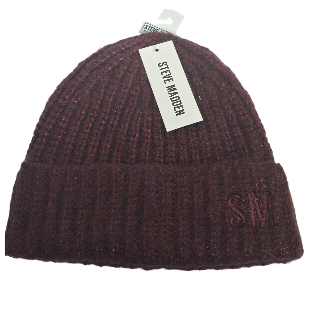 Steve Madden Merlot Metallic Wool Blend Ribbed Knit Beanie Hat SM Logo NWT